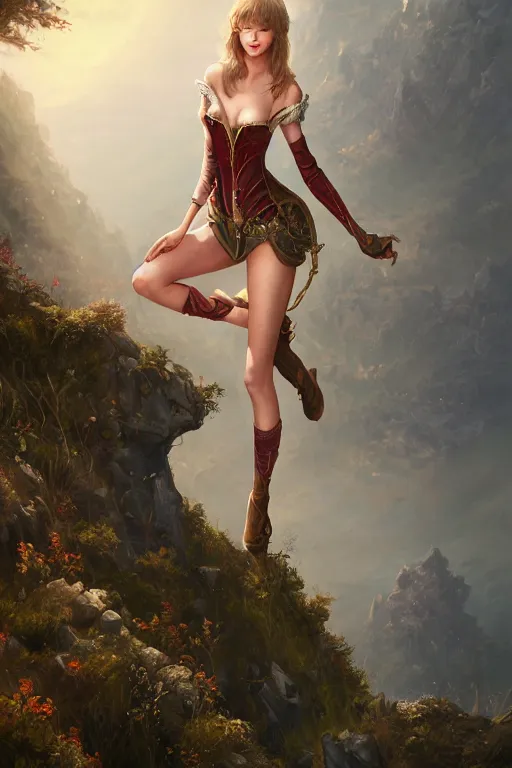 Image similar to alluring illustration taylor swift, sitting on the edge of a cliff overlooking a forested valley, clothed in a chesty fantasy outfit, 8k resolution matte fantasy painting, cinematic lighting, DeviantArt, Artstation, Jason Felix Steve Argyle Tyler Jacobson Peter Mohrbacher