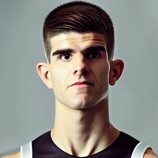 Image similar to “a realistic detailed photo of a guy who is an attractive humanoid who is half robot and half humanoid, who is a male android, Christian Pulisic, shiny skin, posing like a statue, blank stare, press conference, on display”