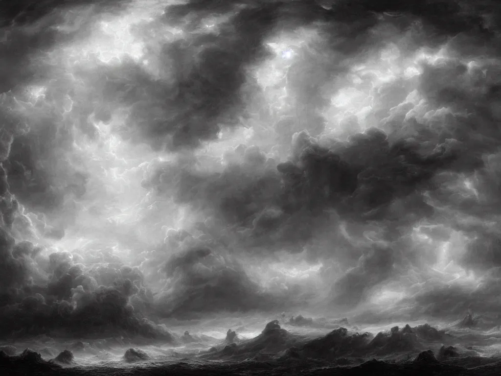 Prompt: very detailed, dark super storm, hyper realistic clouds, impressive, magical, very atmospheric, fog, cinematic, deep, very high complexity, stunning, dramatic masterpiece, iridescent, chiaroscuro, by gustave dore, john blanche, ian miller, very detailed. 4 k