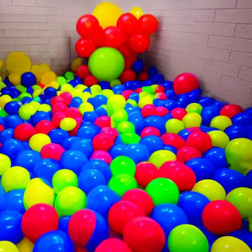 Prompt: photo of endless corridors where the floor is made of ballpit