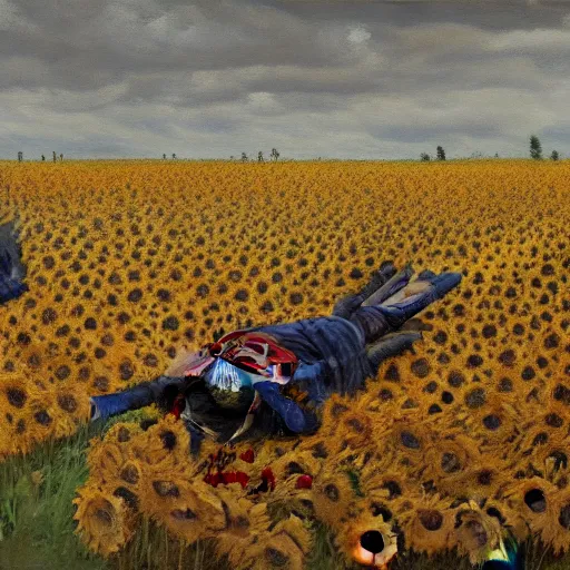 Image similar to a stunning and moody painting of many dead russian soldiers lying in blood amid a field of sunflowers as painted by francis bacon, artstation, concept art, impressionism, hyperdetailed