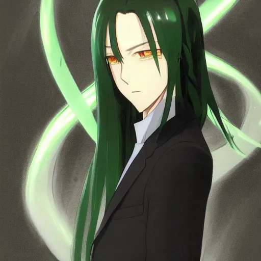 Prompt: full body portrait character concept art, anime key visual of decadent green long straight hair young anime male in black suit, green long straight hair and brown eyes, finely detailed perfect face studio lighting delicate features directed gaze, gapmoe kuudere grimdark, trending on pixiv fanbox, painted by greg rutkowski makoto shinkai takashi takeuchi studio ghibli