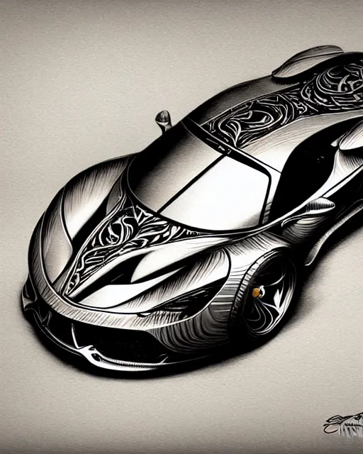 Image similar to Art nouveau Ferarri car, fantasy, intricate zigzag designs, elegant, highly detailed, sharp focus, art by Artgerm and Greg Rutkowski and WLOP