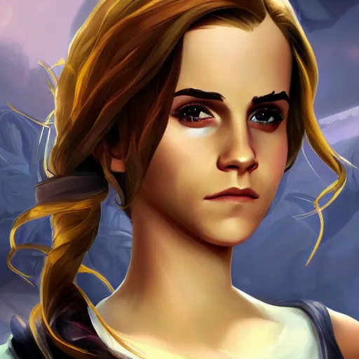 Image similar to Emma Watson as a character in the game League of Legends, with a background based on the game League of Legends, detailed face, old 3d graphics