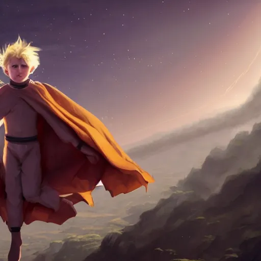 Image similar to blonde boy with bright golden eyes wearing a brown cape and flying in t pose, space background, greg rutkowski