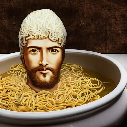 Image similar to Jesus in a bathtub full of noodles