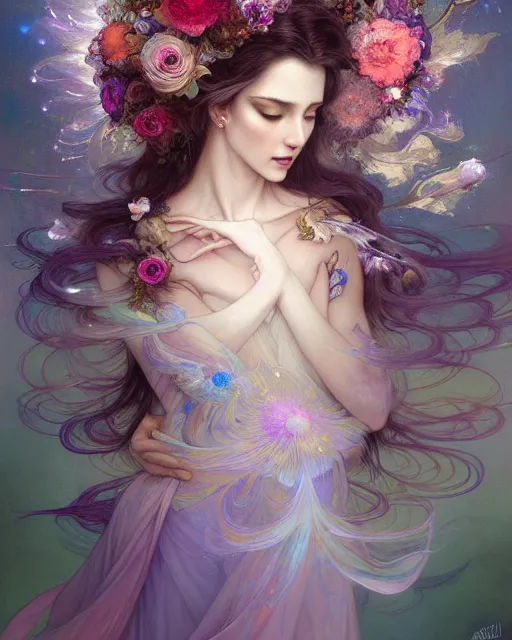 Image similar to Full View ultrarealistic Portrait ethereal fantasy deity wearing beautiful gown, flowers, spirituality, levitating, 4k digital masterpiece by Anna Dittman and Alberto Seveso Ruan Jia, rossdraws, artgerm and greg rutkowski and alphonse mucha and loish and WLOP, fantasycore, Hyperdetailed, fractals, scribble art, realistic digital painting, atmospheric, fireflies, soft lighting, featured on Artstation