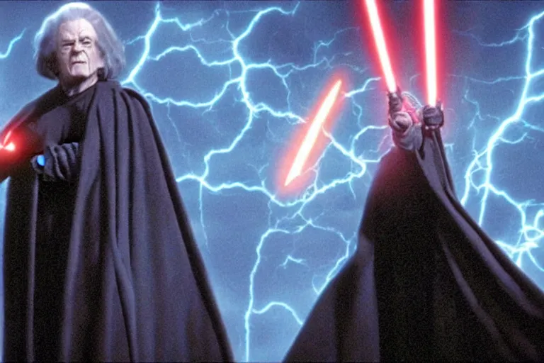 Image similar to (a cinematic still from return of the jedi!!), palpatine force lightning