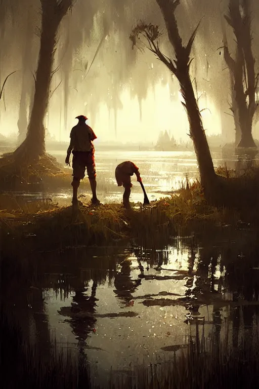 Prompt: greg rutkowski swamp community fish people