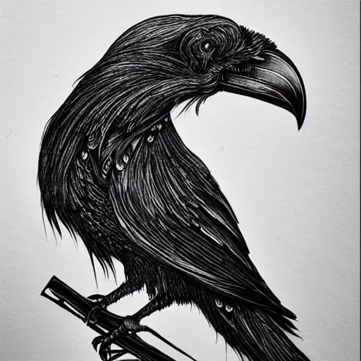 Prompt: mystical raven, black ink on paper, trending on artstation, beautiful, intricate, detailed