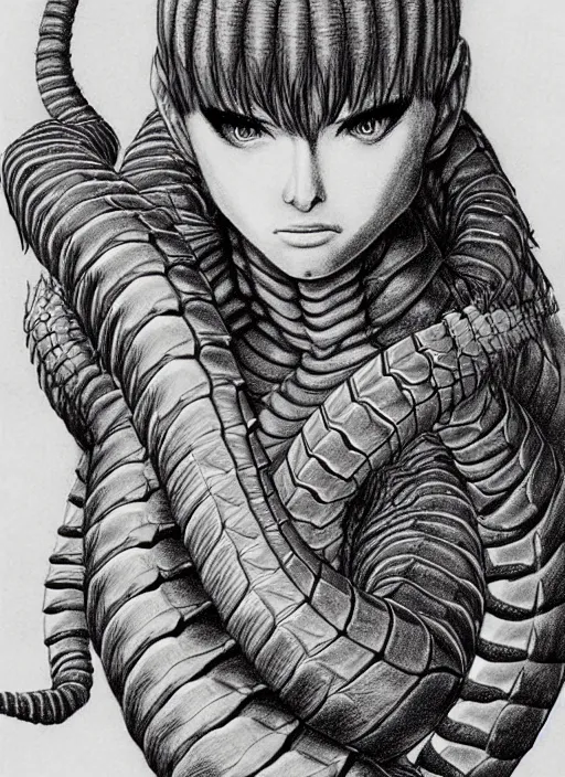 Image similar to line art pencil drawing of a scolopendra that turns into a woman, art by shinichi sakamoto and kentaro miura