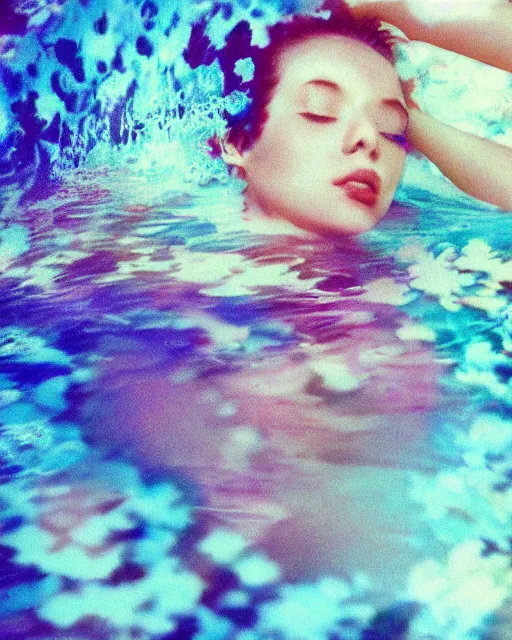 Image similar to oversaturated, burned, light leak, expired film, photo of a woman's serene face submerged in a flowery milkbath, rippling liquid, vintage glow, sun rays, black and white, glitched pattern, 1 9 9 0 s japanese magazine ad