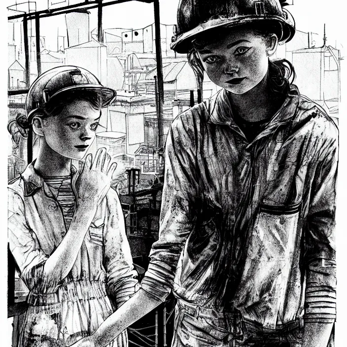 Image similar to sadie sink in dirty work clothes waves goodbye to workmen. background : factory, dirty, polluted. technique : black and white pencil and ink. by gabriel hardman, joe alves, chris bonura. cinematic atmosphere, detailed and intricate, perfect anatomy