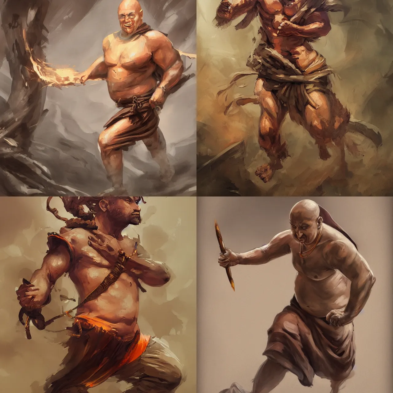 Prompt: male monk who is short fat and somewhat muscular running at full speed without shirt, concept art, oil painting, DND, In the art style of Mohrbacher, Peter