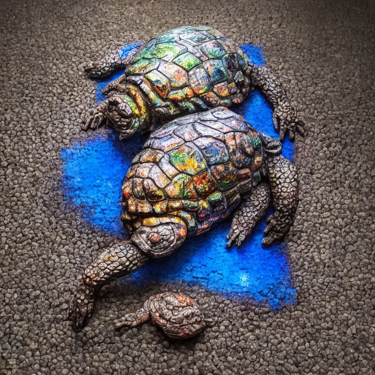 Prompt: hyperrealistic sculpture of a steel fossilized moss tortoise sprayed with crimson and deep blue and grass green spraypaint in a grid cage on a pedestal by ron mueck and duane hanson and lee bontecou, hyperrealistic dramatic colored lighting trending on artstation 8 k