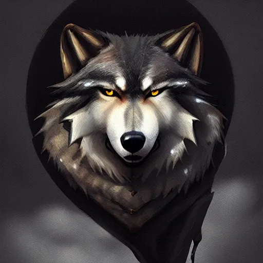 Image similar to an anthropomorphic wolf in a black doublet looking out over the hills, artstation hq, stylized, greg rutkowski, sharp focus, concept art, furaffinity fursona, furry