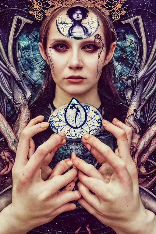 Prompt: Cinestill 50d, 8K, highly detailed, major arcana H.R Giger art nouveau nightmare Agnieszka Lorek tarot star card style 3/4 extreme closeup portrait, eye contact, focus on model, tilt shift background: famous major arcana tarot remake, transformation scene