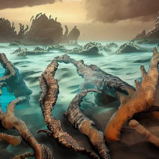 Prompt: stunning cinematic wide shot of a sea of fulgurites surrounding a beautiful slick sea creature, on a beach. fulgurites towering over the creature, well designed perfect with slick led eyes, wearing kelp, sharp claws, hd octane render, fantasy, furry art, artstation, deviantart, furaffinity