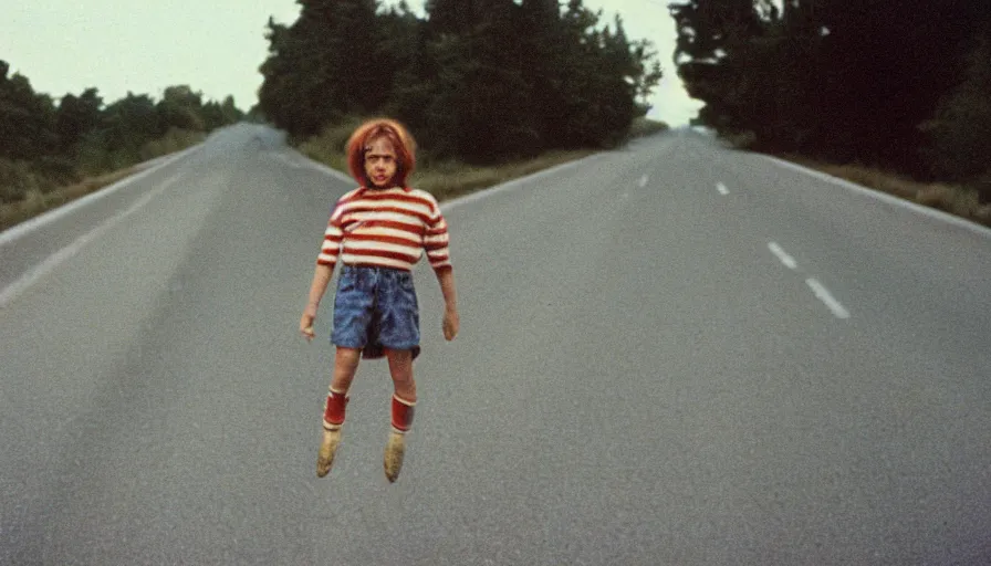 Prompt: 7 0 s film still from a horror movie about a boy flying above the interstate highway, kodachrome, cinecolor, cinestill, film grain, film texture, retro, cinematic, high resolution, photorealism,