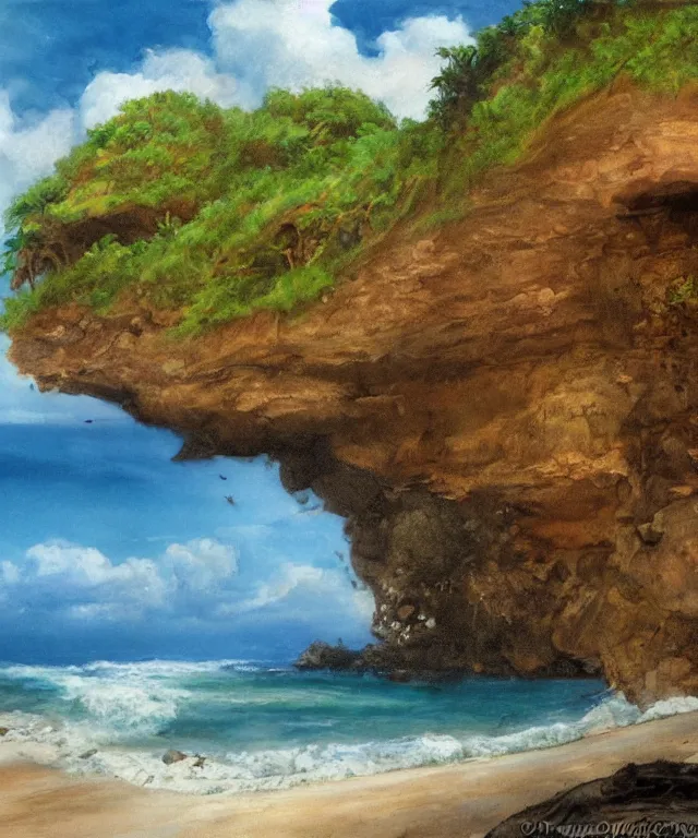 Image similar to photorealistic painting of turtle bay beach jamaica, sharp cliffs, island with cave, dark, atmospheric, brooding, smooth, finely detailed, cinematic, epic, in the style of clyde caldwell