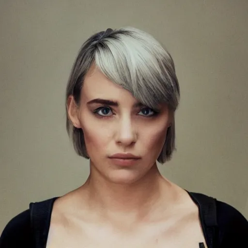 Prompt: a beautiful medium - shot of scarlett johnasson as the major looking into the distance, in the style of the ghost in the shell, beautiful face, beautiful body, beautiful light failling on her face, chin - length bob with bangs haircut, by annie leibowitz