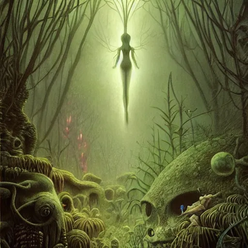 Prompt: a hyperrealistic painting of a beautiful alien princess in the middle of an alien jungle, bioluminescent plants, by john kenn mortensen and zdzislaw beksinski, highly detailed, vivid color,