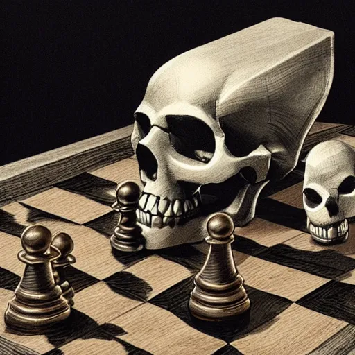 Prompt: a chess piece, a skull and bullet casings lying in rubble by greg hildebrandt, detailed linework