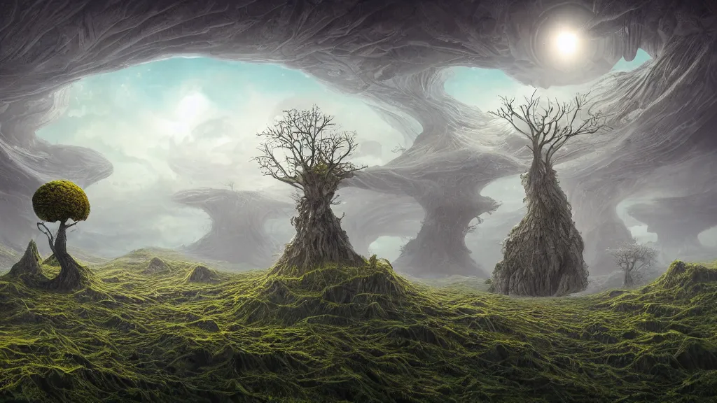 Image similar to gediminas pranckevicius an alien landscape view, alien sky, star in the sky, alien waterfall, weird alien trees, alien mountains, epic composition, 4 k, detailed, realistic