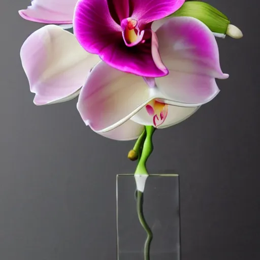 Prompt: rainbow colored genetically modified blend of rose lily carnation orchid ranunculus anenome!!, floral arrangement in futuristic!! vase made of mother of pearl, architectural digest, year 2 3 0 0