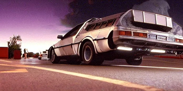 Image similar to Photorealistic close up cinematography of the rear of a the Back To The Future Time Machine reversing down a ramp out of Doc Browns Van at night + filmed on location at at the Twin Pines mall By “Back To The Future” Cinematographer Dean Cundey at night 5