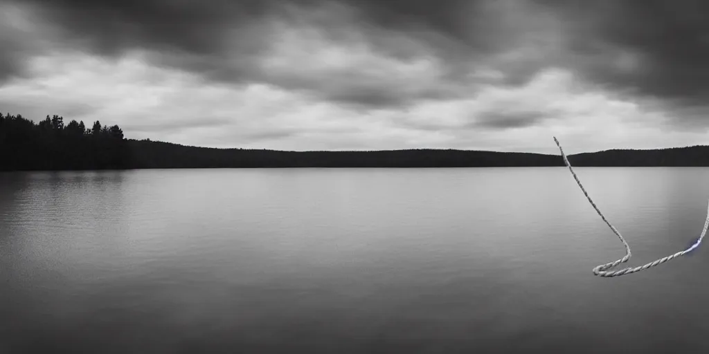 Prompt: centered photograph of an infinite rope floating on the surface of the water, the thick rope is stretching out towards the center of the lake, a dark lake on a cloudy day, mood, trees in the background, hyperedetailed photo, anamorphic lens, charlie kaufman