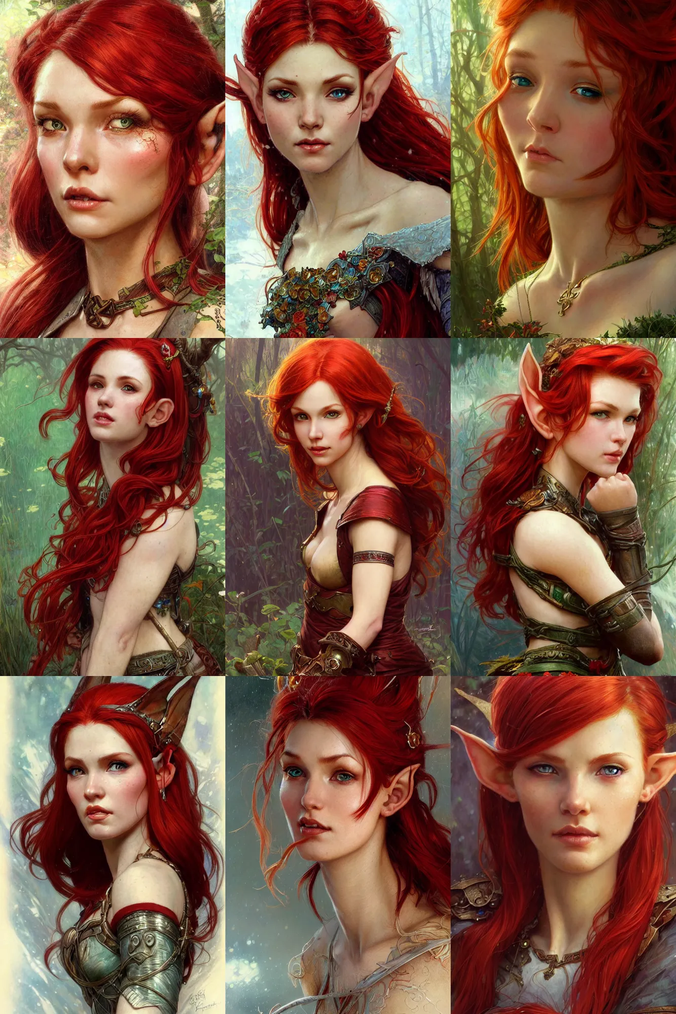 Image similar to highly detailed closeup portrait of beautiful elf woman with red hair, very detailed, realistic, card, by Stanley Artgerm Lau, greg rutkowski, thomas kindkade, alphonse mucha, loish, norman rockwell J.