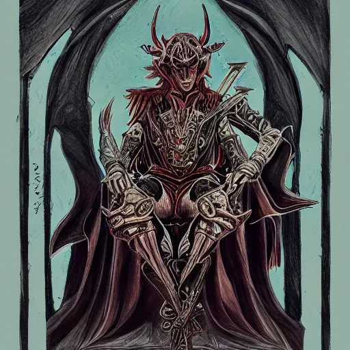 Prompt: a detailed gouache drawing of azazel the enthroned encapsulated in demonskin in the style of dark fantasy, 8k, magic realism, artstation,HQ,deviantart,maximalist