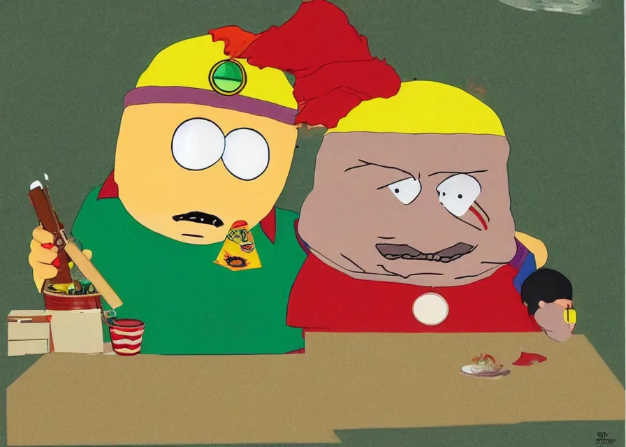 Prompt: cartman from south park smoking a joint, collage