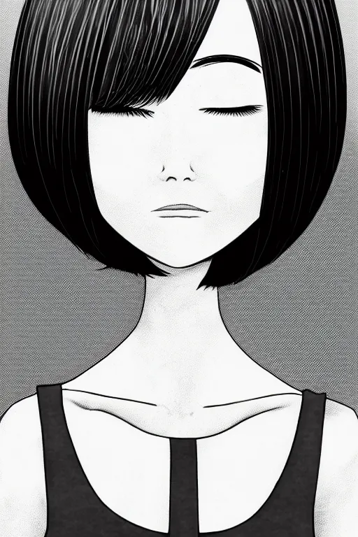 Image similar to portrait of a girl in long pants and a top, hands in pockets, eyes closed, bob haircut, digital art, black and white, illustration by junji ito