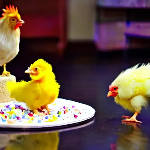 Prompt: a light yellowish down-covered baby chick and a rooster are near a birthday cake having 3 candles