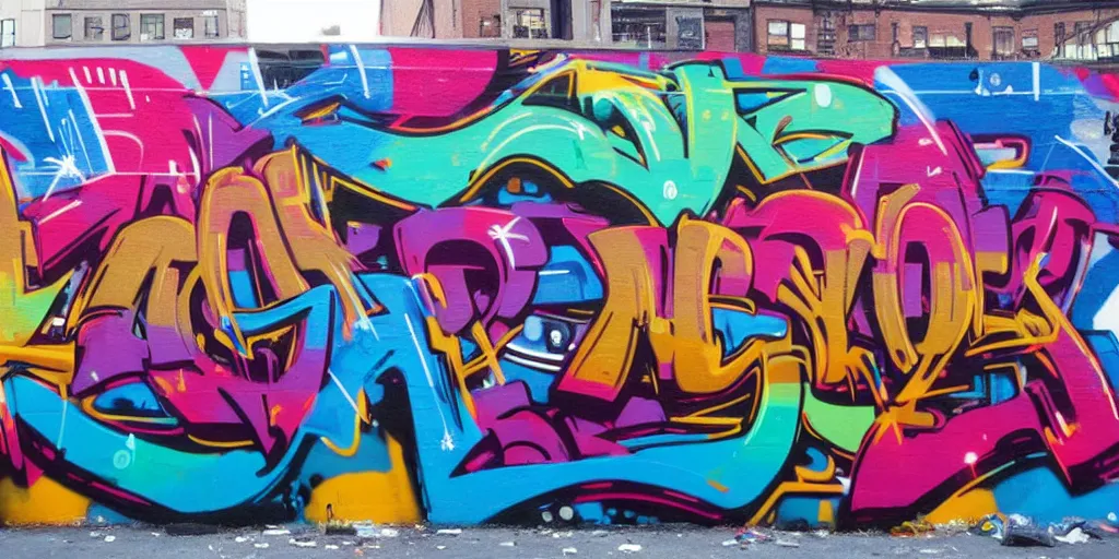 Image similar to beautiful graffiti mural in NYC with the words DOPE ERA in bright color letters, typography, street art, spray paint, hip hop culture