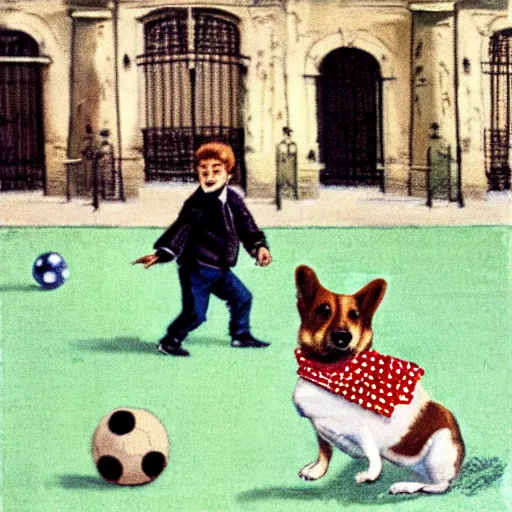 Image similar to a french boy on the streets of paris playing football against a corgi, the dog is wearing a polka dot scarf, book illustration, 1 9 6 6