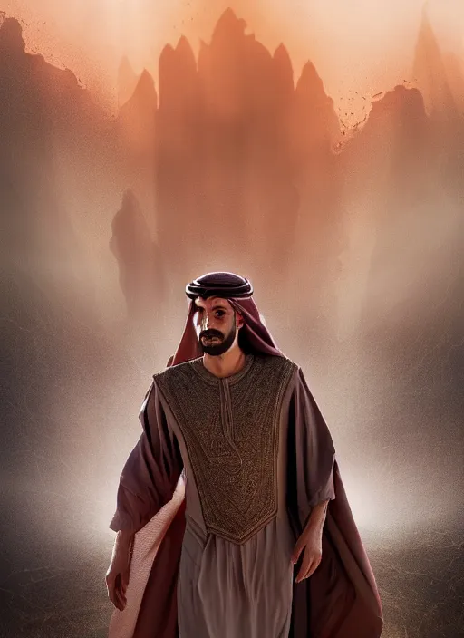 Prompt: portrait of sheikh ruler of dubai, djinn, landscape, swamp, marsh lands, cinematic lighting, studio quality, godly, comic book, 4 k, active, scenic, fury, fiery, dramatic entry