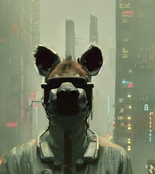 Image similar to new york city portrait of bad boy furry anthro anthropomorphic spotted hyena head animal person fursona wearing clothes strange cybernetic muzzle gloomy rainy screenshot from the video game cyberpunk 2077 digital art by Greg Rutkowski, Simon Stalenhag, christopher nolan trending on Artstation, CGSociety