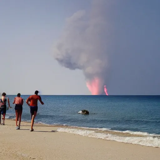 Image similar to a press photography tourists escaping a Crimean beach ⛱️ , explosions in the background, dark smoke in the distance, blue sky