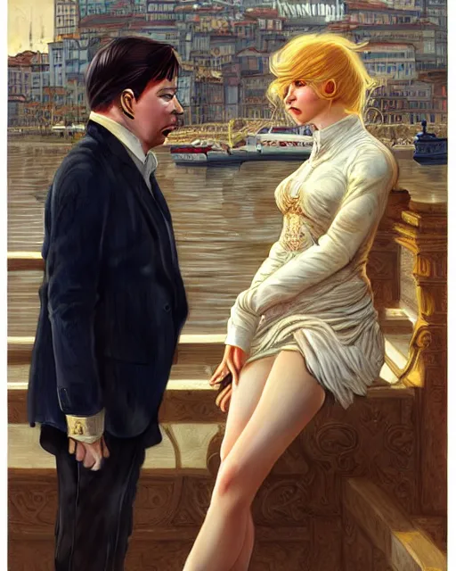 Image similar to Portrait of a  blonde lady and Michael mcintyre listening to Oasis on the Porto waterfront,real life skin, intricate, elegant, highly detailed, artstation, concept art, smooth, sharp focus, art by artgerm and greg rutkowski and alphonse mucha