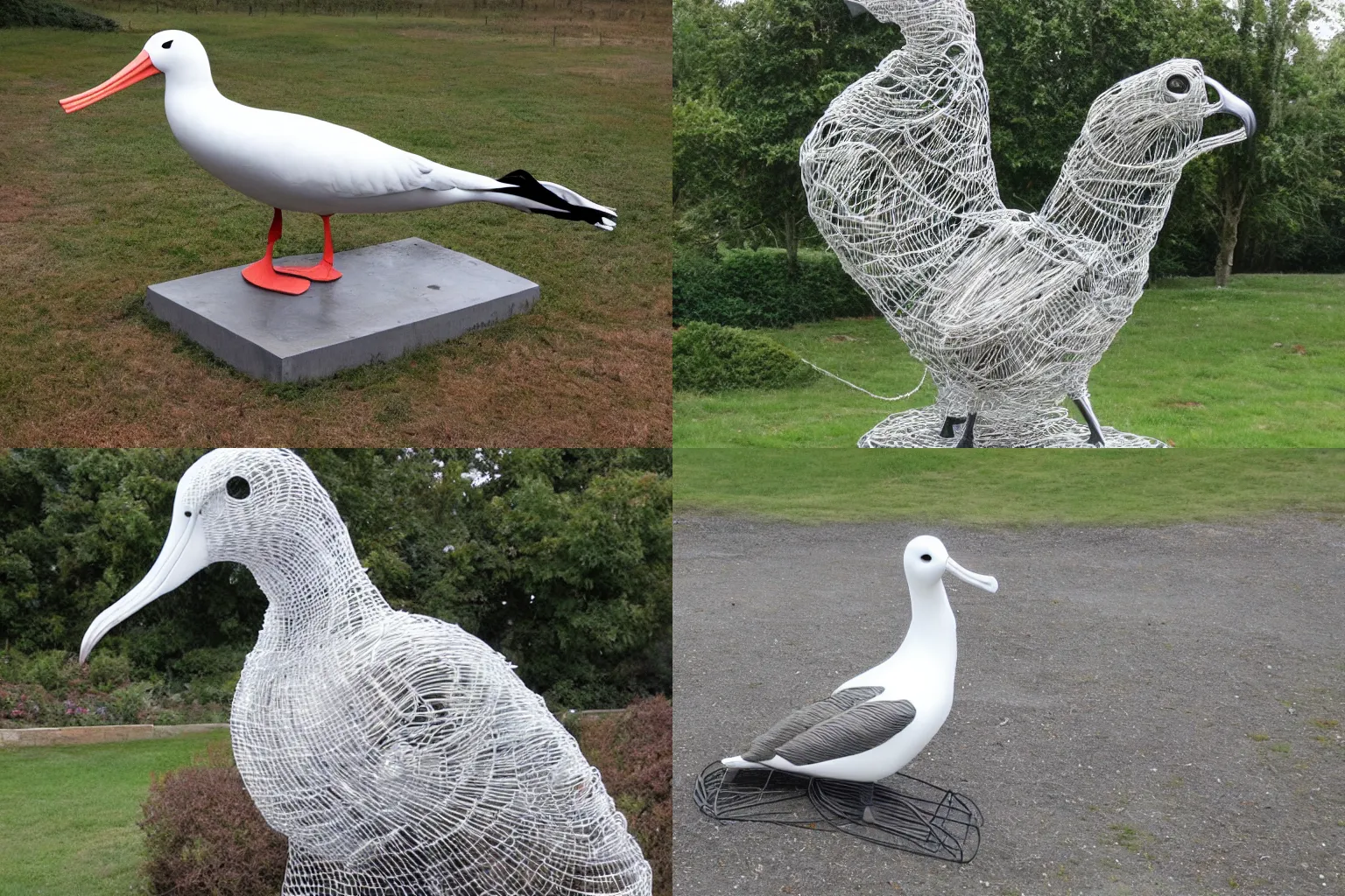 Prompt: albatross statue made of wire mesh