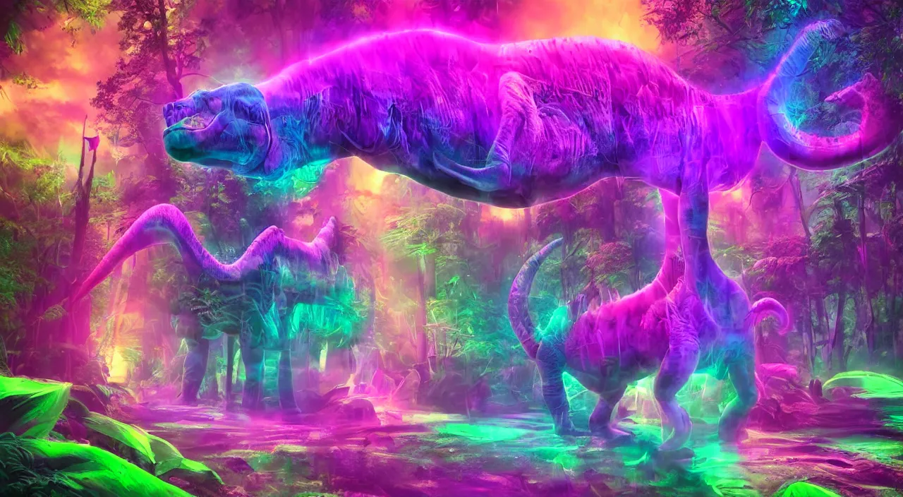 Image similar to spectral purple neon dinosaur, spectral neon pink dinosaur, spectral yellow neon dinosaur, green jungle background, detailed, ultrawide landscape