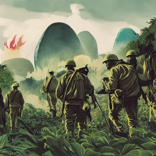 Image similar to handmade illustration of an epic Vietnam war scene with a many soldiers walking, the jungle at the background, Jamaica flag, some smoke and fire, blue sky with dramatic clouds, line art, ink, watercolor by Kilian Eng and by Jake Parker, heavy brushstrokes, winning-award masterpiece, fantastic, octane render, 8K HD Resolution, High quality image