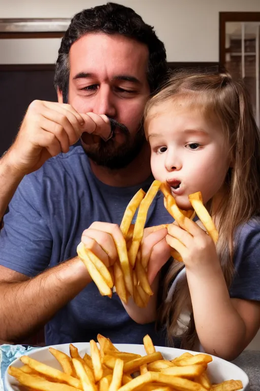 Prompt: a dad eating his daughter's french fries while she hides and cries in the background