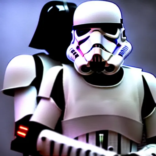 Image similar to stormtrooper hugging darth vader ultra realistic, lens flare, atmosphere, glow, detailed, intricate, full of colour, cinematic lighting, trending on artstation, 4 k, hyperrealistic, focused, extreme details, unreal engine 5, cinematic, masterpiece, ultra realistic, hyper realistic, highly detailed, sharp focus, digital art