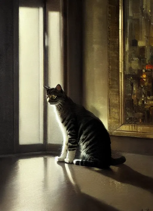 Image similar to a portrait of a cat inside a modern apartment, intricate oil painting, hyperdetailed, ethereal, cinematic, dramatic lighting, by jeremy mann and julius adam ii