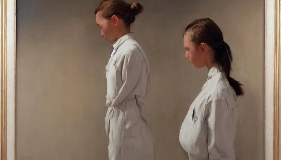 Image similar to painting by borremans, strange situation with a girl, detailed, stunning