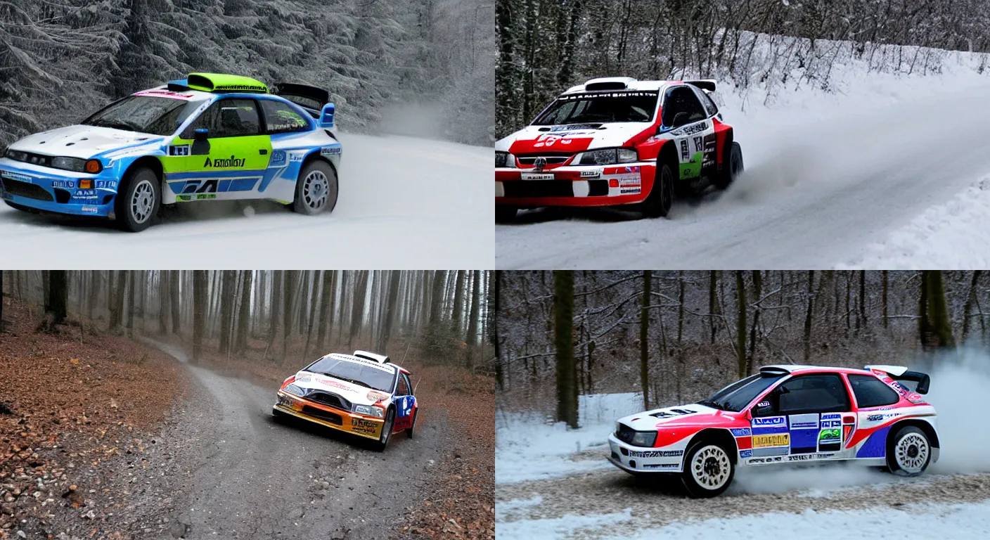 Prompt: wrc rally style - a 2 0 0 2 mine's skyline, racing through a rally stage in a snowy forest